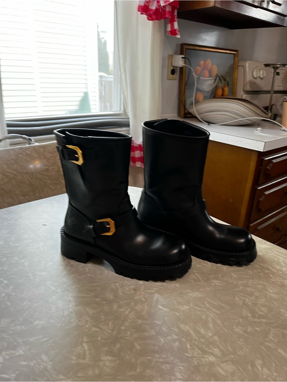 Versace Black Leather Mid-Calf Combat Boots with Gold Buckles